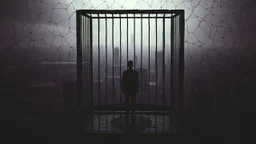 inner stands a human figure alone in an cube like cage with dense bars , in outside around in the distance big landscape with big city and many fade human figures in the city, dark purple, gray, black, white, brown. Whimsical style and surreal vibe, lonely with neuron network background, surreal stunning vibe