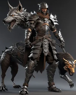 Warrior warrior with leather and metal clothes A combination of a dragon and a wolf and a commander riding on it Warrior warrior with leather and metal clothes and robotic metal