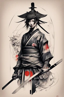 Create a captivating modern 2d ink tattoo design for print , prestigious Divine Samurai using the elegant influences of japan art style, for print, dynamic elements from fashion and design, and bold Japanese contemporary art aesthetics, framing centered in the center, distanced from the edges of the paper perimeter, perfect anatomy, bauhaus, Divine Proportion,