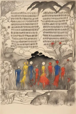 Schiță în creion de Jean Cocteau reprezentand o imagine pe temanatura statica cu oameni si flori , cu culori primare tari, fantezie de înaltă definiție calitate clară, stiluri de Utagawa Hiroshige, Paul Klee Dee Nickerson și Tim Burton, acuarelă topită și contururi de cerneală neagră pe hârtie umedă, linii moi, umbrite