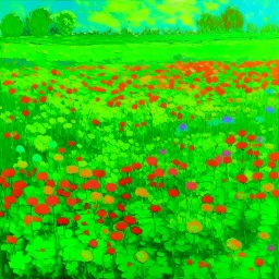 A neon green field with copied flowers painted by Claude Monet