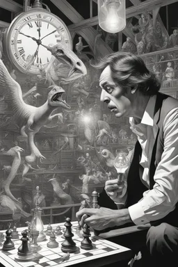 close up on face of comic news paper journalist horror harlequin playing burning chess geese dinosaur reptiles in very bright light bulb factory on the bridge train station with twisted ladders with the most a confused look on his face in front of a huge glass prism clock with angels, in the style of Escher and Dali and Cthulhu