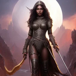 fantasy setting, insanely detailed, dark-skinned woman, indian, black wavy hair, warrior, magician, symmetrical eyes