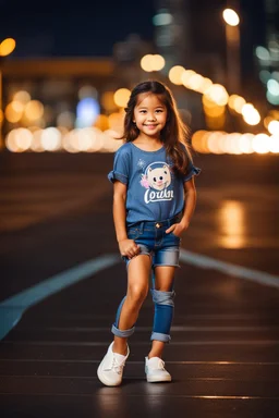 Little 6 years old beautiful girl perfect face,1girl wearing a pretty shirt and jean pant, standing pose,modern city ,night view