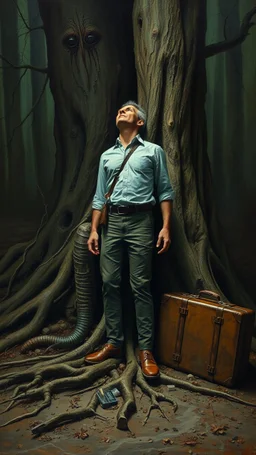 Bosch painting style nightmare, a man with only tree roots legs planted in the ground and head looking up , beside him an old travelers suitcase , dramatic sad scene, fantasy, scary.