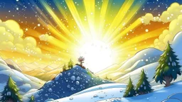 fantasy cartoon style: Once upon a snowy hill. The sun was shining, and the snow sparkled like a million tiny diamonds.