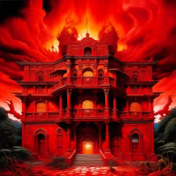 A red fiery palace designed in Mayan architecture painted by Alan Sorrell