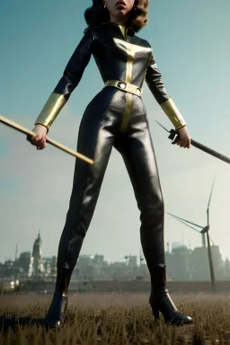 retro portrait image from 1960, city background, wind, long hair, young Scarlett Johansson, classic black tight lycra suit, metal stick weapon, gold bracelet and belt, high heel boots, soft color, highly detailed, unreal engine 5, ray tracing, RTX, lumen lighting, ultra detail, volumetric lighting, 3d, finely drawn, high definition, high resolution.