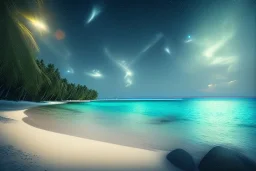 Maldive beach, shore ,shoreline, beautiful, path, stars, night time ,trail, lights glowing ,colorful ,nightsky, water, peace, magical, sabbia dorata, beautiful crystal shiny, irridescent, glowing , ocean, hyperrealistic, cinematic lighting, particles, unreal engine, full of details, bright sunshine, light effect, photos realistique, vaporwave colorful, extremely sharp detail, finely