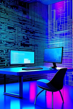 Imagine a hero section where the background features a blend of vibrant blue and purple gradients, representing a futuristic and creative atmosphere. Subtle binary code streams across the background, creating an abstract tech pattern. In the foreground, there's a stylized desk with a sleek computer displaying a snippet of code and a tablet with a design in progress. Color swatches, a stylized pencil, and a sketchbook are scattered around the workspace.