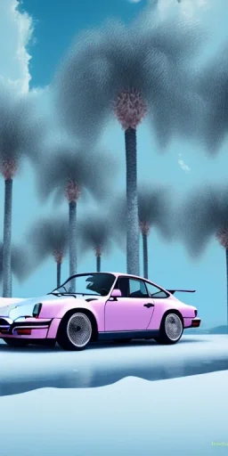 1980's aesthetic vaporwave palm trees with porsche in the winter snow