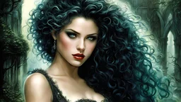 Create an [Luis Royo art style], [best quality:1.4] with [detailed linework], [dynamic shading], and [rich colors], art style should capture the [epic scale] of the image pretty girl, beautiful, slim, sharp cheekbones, lips, white ADDCOMM gothic ruins and forest background red curly hair BREAK green curly hair BREAK blue curly hair gothic ruins and forest background red Dragon, slate atmosphere, cinematic, dimmed colors, dark shot, muted colors, film grainy, lut, spooky