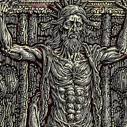 crucified on the cross christ liberty hybrid tone, woodcut, engraved, wall street journal style, statue of cruicified Jesus of Liberty with a beard and wearing a cross and hanging from a cross, The statue male, hyperdetailed intricately detailed photoillustration ink drawing dystopian 8k resolution entire body of the statue is in the picture. digital illustration telephoto lens photography , same colors as the us treasury's one dollar bill, crucified"