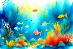 make a beautiful coral reef underwater painting with a lot of fish, in the background will be shadows of the big fishes and shadof of the whale, watercolour painting
