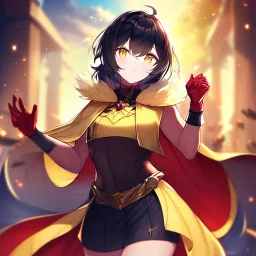 Clear focus,High resolution, Black short fluffy hair, and yellow eyes, wearing a black short skirt, sleeveless crop top, wearing long dark red gloves, yellow cloak, Holding hand out