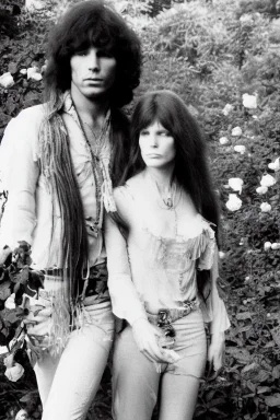 Jim Morrison and Pamela Courson ,music, ignoreNSFW, watermark, bohemian style , blurry,beautiful,elegant,roses, fantasy