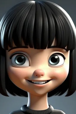 3D Cute girl perfect big eyes ,smiley with bob hair ,medium black with bangs