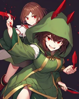 A character with short brown hair, red eyes who wears a green blouse open with its hood, holds a bright red knife, Smile insanely and very angry, Aspect that shows that the character is a villain, dark background Very dark and HQ Manga.