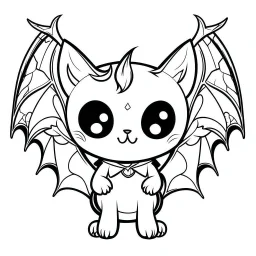 create a 2d black outline, " kawaii cat with bat wings coloring book for kids", coloring page, low details design, black contour, coloring page design, colorful , card style, coloring page for kids, halloween backgorund,sketch style,