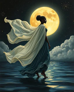 No corners drawing lines dots Kandinsky A full-body pretty African Asian moon goddess draped in flowing celestial fabric walks on water beneath a glowing full moon. Her gown unfurls like clouds, catching starlight and golden dust in the night air. The scene is surreal and divine, with painterly textures and a balance of shadow and illumination vertical Award winning imagery trompe l'oeil 3D surrealism masterpiece of Odilon Redon's dreamlike surrealism. kintsugi painting of abstract squares creat