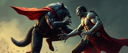 werewolf vs vampire cyberpunk action scene, acrobatic dodge, cape, all seen drown on isometric grid, wolf giving him the biggest stomach punch, power lift grab