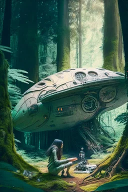 spaceship in a woodland glade with woman kneeling under it fixing something