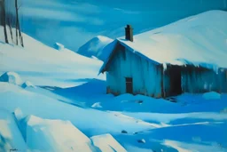 A cyan snowfield with a frozen cabin painted by Lyonel Charles Feininger
