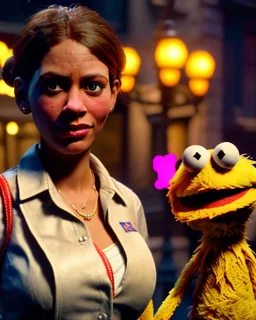 waitress woman with Sesame Street muppet mask-head, concept art, retro style, smooth, unreal engine 5, god lights, ray tracing, RTX, lumen lighting, ultra detail, volumetric lighting, 3d.