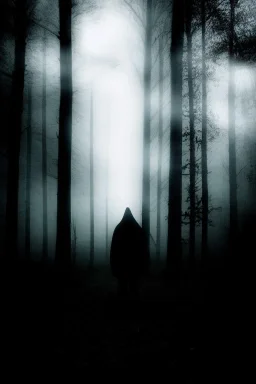 dark, foggy weather, night, forest, black, horror, art, evil, dark effect, white eyes, human shadows,