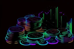 black background, outlines of a holographic pile of coins, chart drawn from thin neon-coloured glowing lines