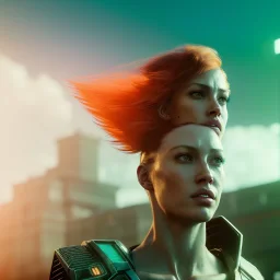 A beautiful portrait of a cyberpunk woman with lot's of grain on her skin red head with hair flying in the wind cyborg smiling facing camera orange color scheme, high key lighting, volumetric light high details with white stripes and feathers unreal 5, octane render, cinema4d, dynamic lighting, dramatic lighting, 4k, redshift render, highly detailed, hyper realistic