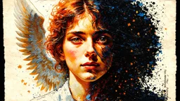 old worn postcard, Portrait Light and darkness in one person, angel and demon in one person, abstract art additional colors small details,