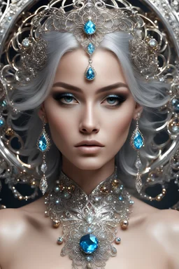 photography realistic portrait of young woman, beautiful, shiny hard eyes, make up, Fantasy style, shiny baubles, ornate, large gemstones, shiny molten metalics, shiny wire filigree, silver hair, high definition, high res, octane render