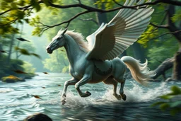 oil painting ,motion blurForgotten Realms dodging arrows above water and along winding branches in lush green forest holding arms around neck of speeding pegasi, bokeh like f/0.8, tilt-shift lens 8k, high detail, smooth render, down-light, unreal engine, prize winning