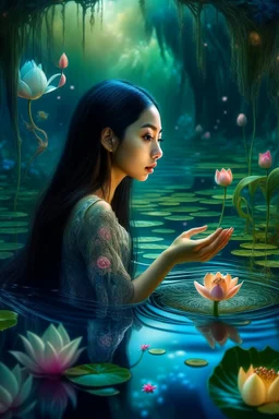 Ornate Beautiful indonesia young lady touching a reflection of their in pretty, lotus pond, outer space glowing forest background, dark long wavy hair, cheerful fantasy, intricate details, hyper detailed