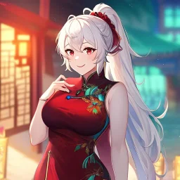 Clear focus, 8k, high quality, detailed, beautiful lighting, girl, vibrant colors, white long hair, vibrant red eyes, messy hair, ponytail, chinese clothes, laughing,