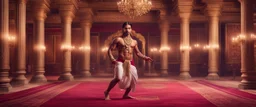 Hyper Realistic handsome Young shirtless muscular Indian king Dancing in a traditionally beautiful Indian palace with traditional pillars with small fancy chandeliers & beautiful maroon carpet at night