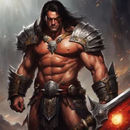 [warhammer] His muscular form is defined by years of battle, and his chiseled features bear the scars of countless encounters. In his hands, Conan wields a warhammer, its weight seemingly insignificant within his mighty grasp. The weapon gleams in the sunlight, a testament to the countless foes it has crushed under its devastating blows. With every sinewy muscle flexed, Conan exudes an aura of raw power and indomitable strength.