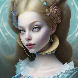 "Alice in the wonderland",dressing Disney style,hairstyle Disney style, detailed eyes, Realistic lighting,elegant,sarcastic smile, by Chie Yoshii,Brian Kesinger,Gediminas Pranckevičius