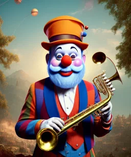 happy and funny old friendly clown with round head and trimmed beard playing jazz with a steampunk theme, trumpet on mouth, carnival, dreamy