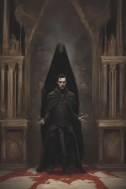 Strahd being pushed against his coffin. Toomb of the vampire Count Strahd Von Zarovich. Grand room, stone and marble, dark, black coffin made of polished ebony wood and brass. No windows.