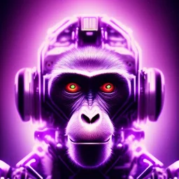 A beautiful portrait of a cyborg monkey purple neon color scheme, high key lighting, volumetric light high details psychedelic background