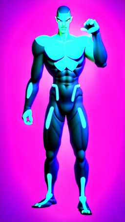 man game character full height with weapoon in blue-purple neon, without background