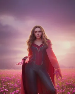 Feiticeira escarlate, Elizabeth Olsen, feiticeira, magia, rosto detalhado belo, bonita, cenário em um campo de flores, cinematográfico, dramático, por do sol, campo de flores, cores frias