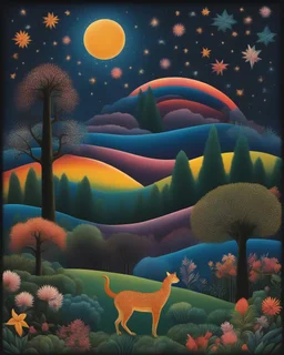 Colourful, peaceful, Henri Rousseau, night sky filled with galaxies and stars, animals, trees, flowers, one-line drawing, sharp focus, 8k, 3d, intricate, ornate