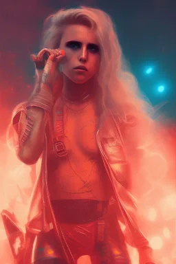 danish singer mø face, cyberpunk,orange tones, style free