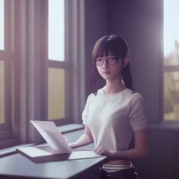 female student studying by the window, anime style, full body, cool face, unreal engine 5, cinema4d, sun light, studio lighting --ar 1:1 --v 4