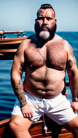 photography of a burly marocan fisherman sunbathing on a fisher wooden boat, in little french pants, tattoo, manly chest, ugly, 44 years old, bullneck, white long beard, dreadlocks, muscular chubby, screaming, angry eyes, photorealistic, Canon EOS, 8k