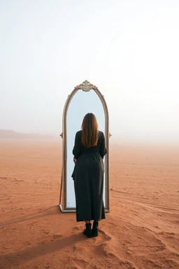 a woman standing in front of a mirror in the middle of the desert in foggy sky