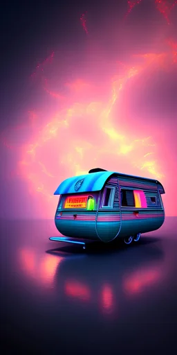 An old caravan at the bottom of an streaming river, lots of clouds within neon lights, thunder